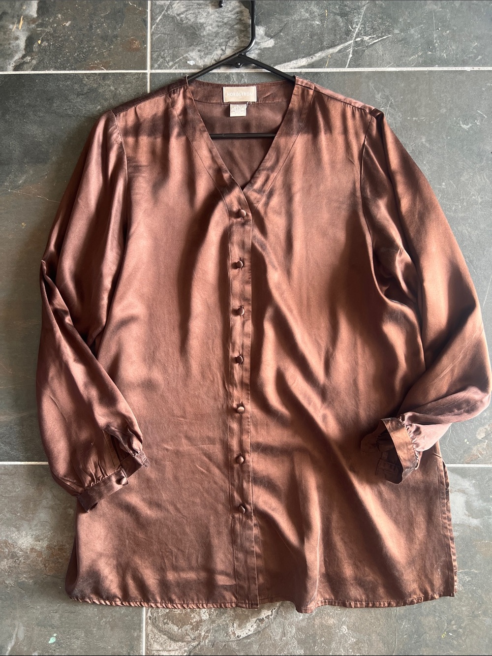 Nordstroms Women’s Silk Chocolate Brown Button-Up Blouse